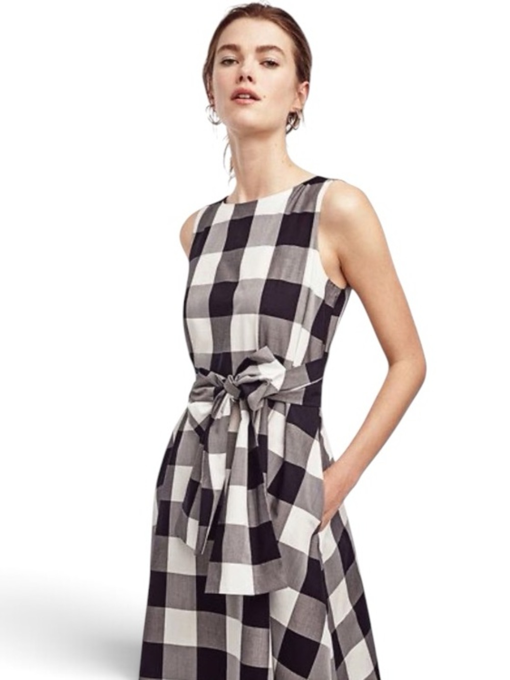 Ann Taylor Black and White Gingham Sleeveless Tie-Waist Midi Dress